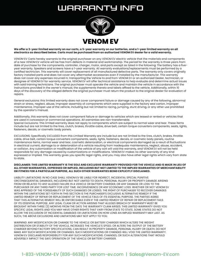 Venom EV Factory Limited Warranty and Eco Battery 8 Year Warranty Certificate