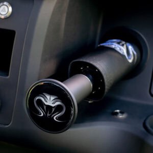 Dash mounted umbrella stored in a Venom EV golf cart dashboard