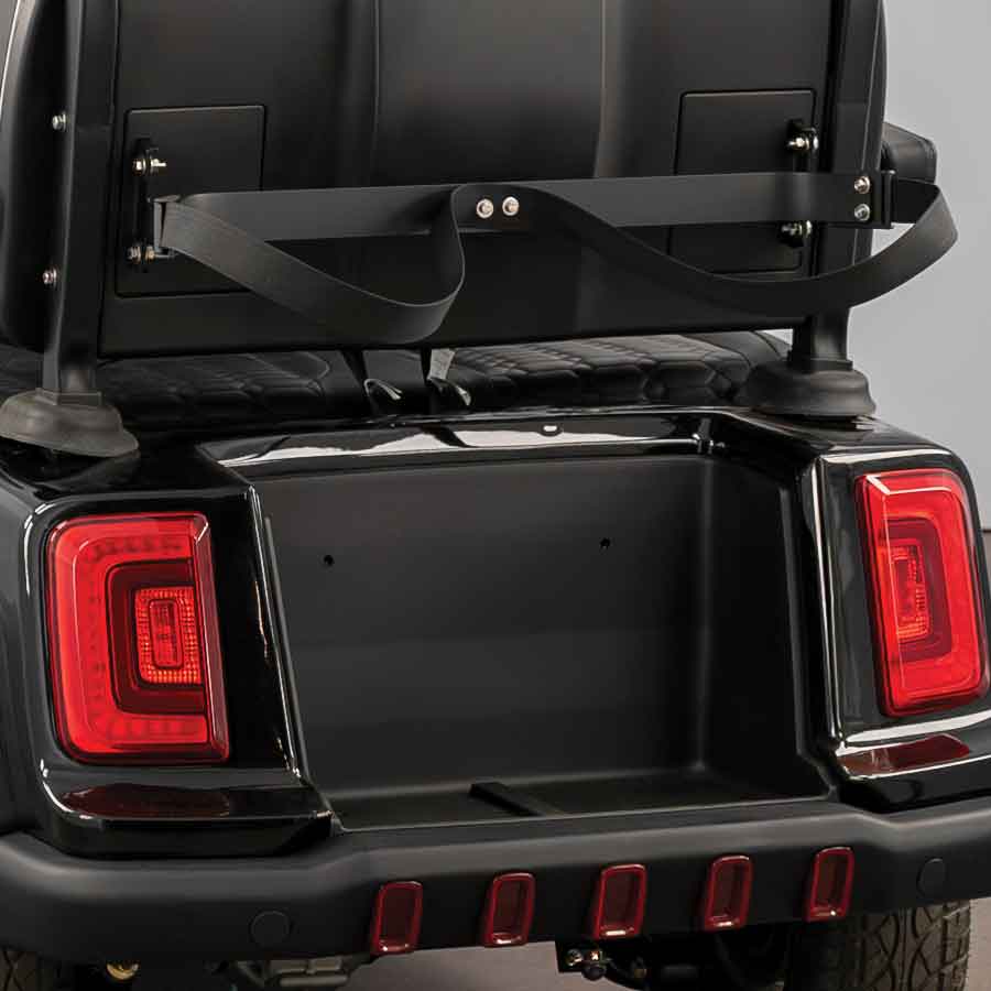 Golf bag attachment system detail on Venom EV cart